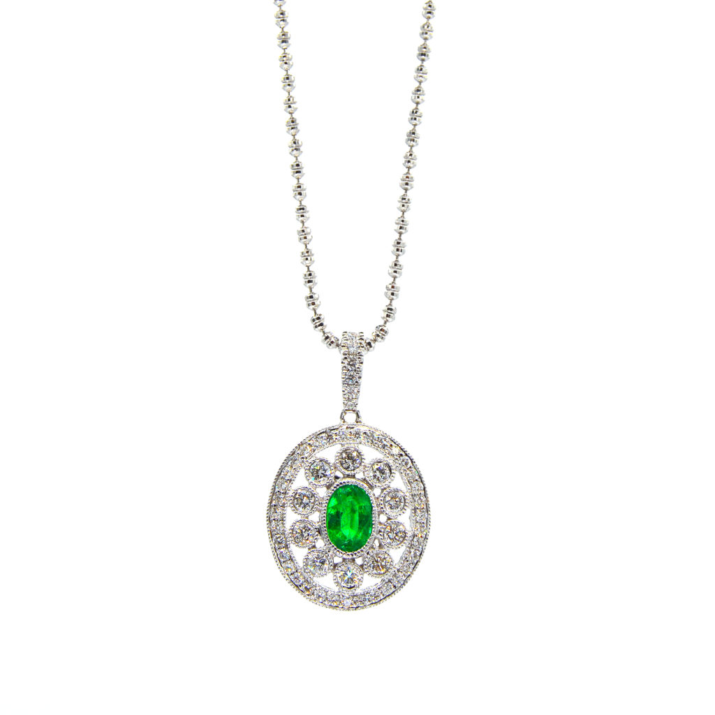 18K White Gold Emerald & Diamond Pendant | M. Pope & Co.